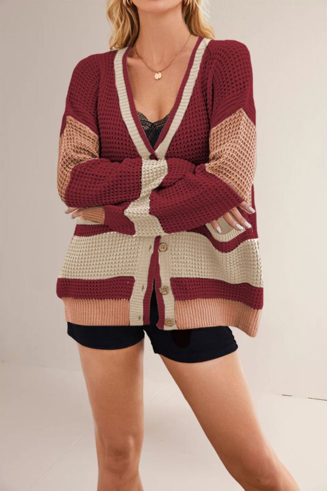 New Knitted Jacket V-neck Large-size Color-blocking Cardigan Sweater for Women