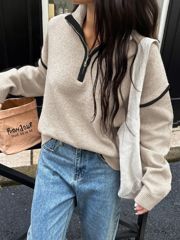 Women's Solid Color Long Sleeve Zipper Sweater Casual Minimalist Sweater