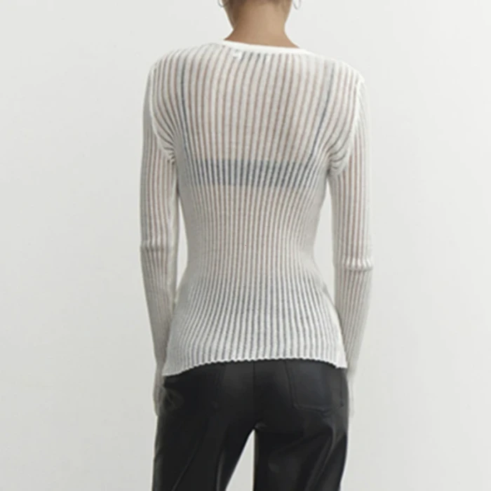 Women's White Striped See-through Long Sleeve Top
