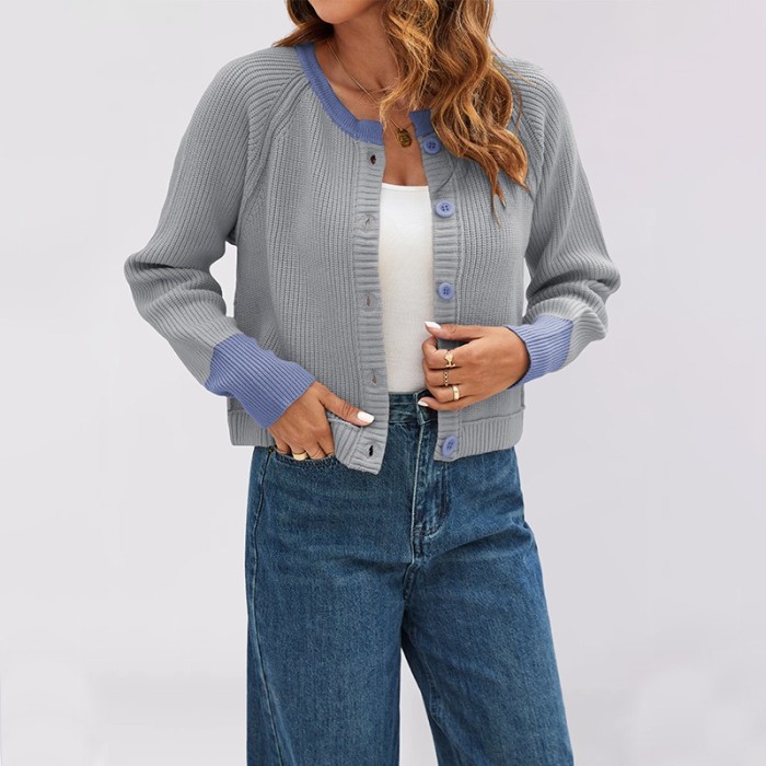 2025 Autumn and Winter New Fashion Round Neck Single Row Button Contrast Knitted Cardigan Jacket for Women