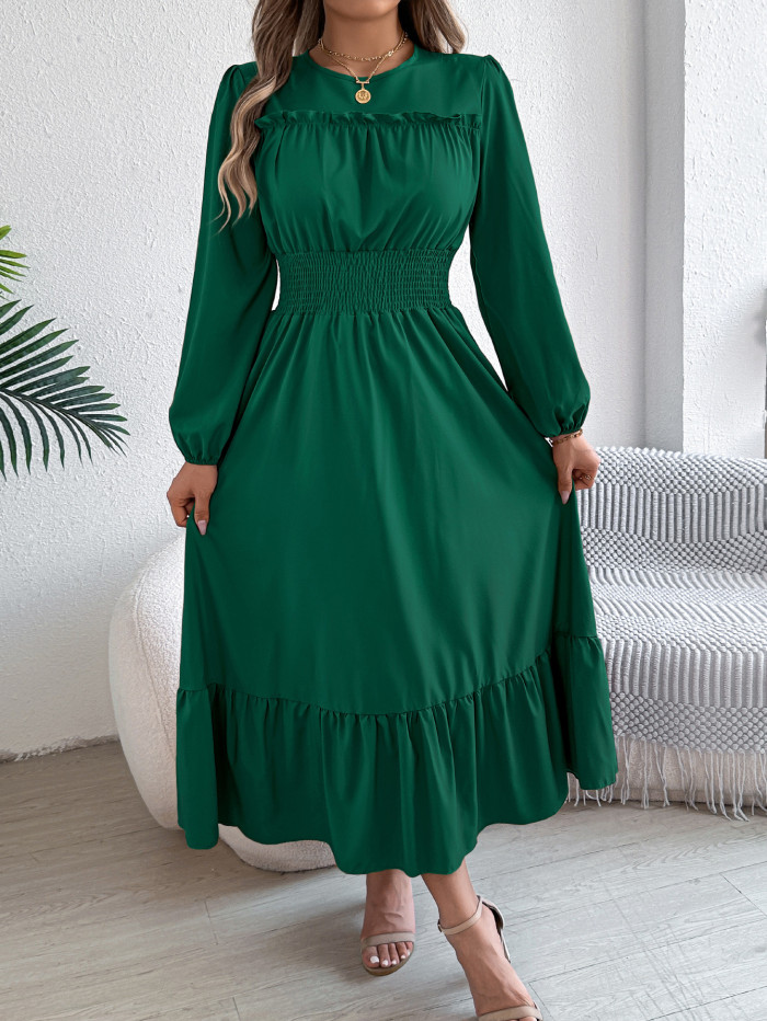 Ladies' Dress, Solid Color, Elegant, Black Fungus Edge, Waist Cinched Pleated Long Skirt, Temperament, Commuting A-line Skirt
