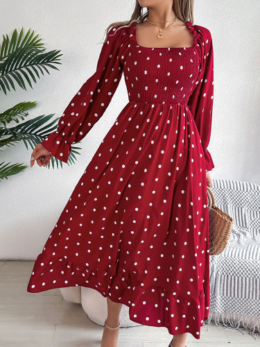 Spring and Summer Polka Dot Long Dress Vacation Fungus Edge Square Neck Long Sleeved Dresses for Women