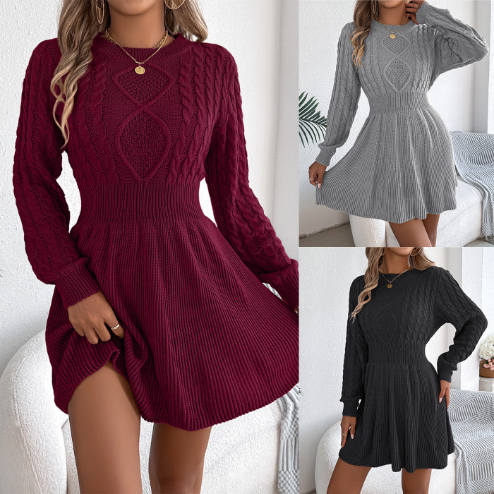 Cable Knit Female's Autumn Dress Round Neck Solid-Color Waist-Cinched Lantern Sleeve Lady's Dress Pullover Dress For Women