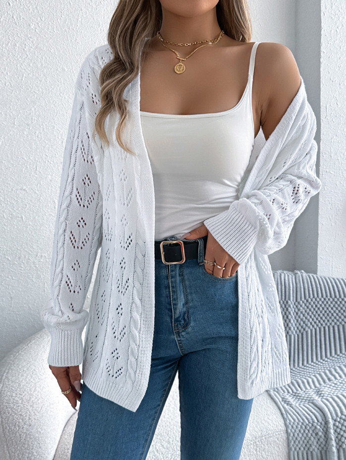 Autumn Winter Solid Color Hollow Long Sleeve Knitted Cardigans Women's Sweater Casual 2025 Black Khaki White