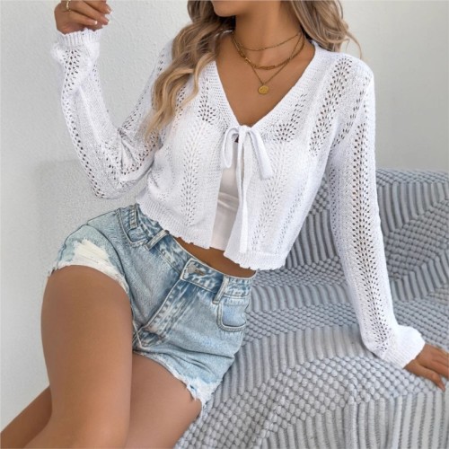 2025 Spring And Autumn Casual Bow Tie Hollow Long Sleeve Knitted Shirt, Cardigan Coat, Women's New Solid Color Versatile Top