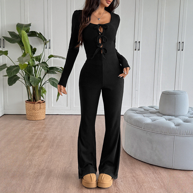 2025 Autumn Women Clothing New Long Sleeve Solid Color Chest Strap Slim Spice Girl Black Micro Pull Jumpsuit Women