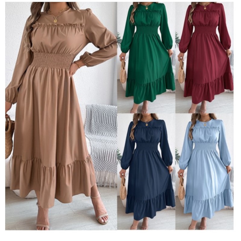 Ladies' Dress, Solid Color, Elegant, Black Fungus Edge, Waist Cinched Pleated Long Skirt, Temperament, Commuting A-line Skirt