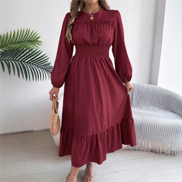 Ladies' Dress, Solid Color, Elegant, Black Fungus Edge, Waist Cinched Pleated Long Skirt, Temperament, Commuting A-line Skirt