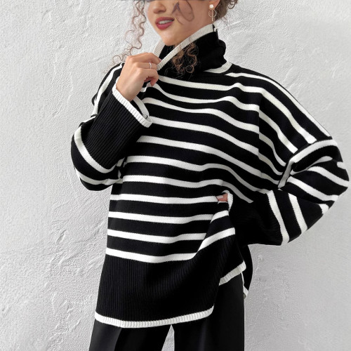 Turtleneck Striped Sweater Women Clothing Europe America 2025 Autumn and Winter New Pullover Knitted Versatile Loose Sweater