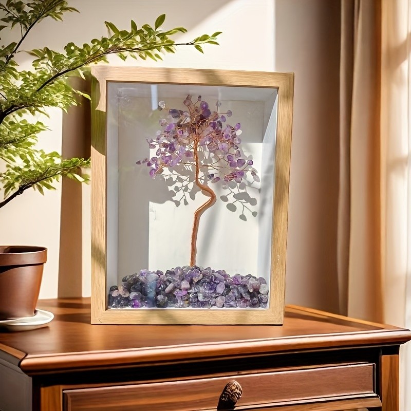 1pc Artificial Crystal Tree with Embedded Amethyst, Pink Crystal, Green Crystal, And Yellow Crystal in an 8-Inch Photoframe, Perfect As a Mother'S Day Or Birthday Gift for 2025, The Year of The Snake, Suitable for Parties And Everyday Home Decor.