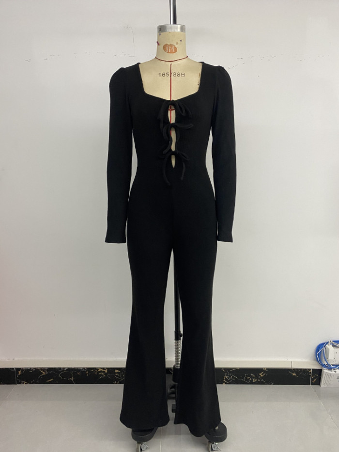 2025 Autumn Women Clothing New Long Sleeve Solid Color Chest Strap Slim Spice Girl Black Micro Pull Jumpsuit Women
