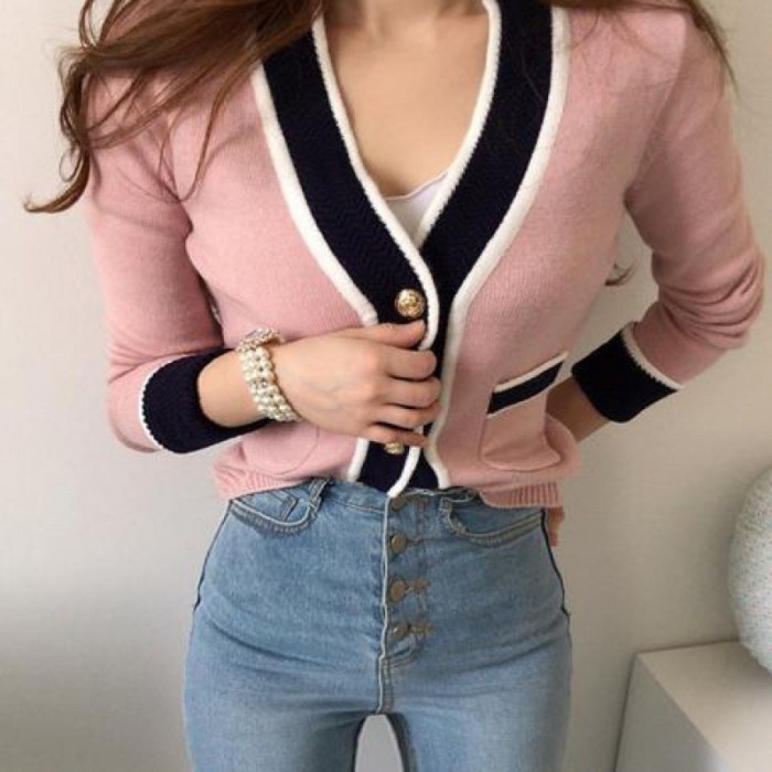 2025 Autumn New Cardigan Women Temperament Contrasting Color V-neck Knitted Casual Cardigan Sweaters for Women Clothing