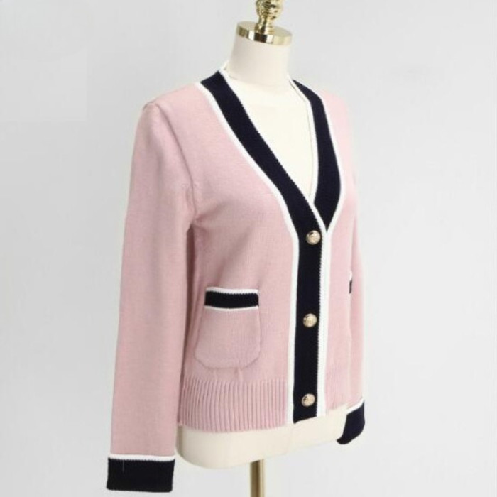 2025 Autumn New Cardigan Women Temperament Contrasting Color V-neck Knitted Casual Cardigan Sweaters for Women Clothing