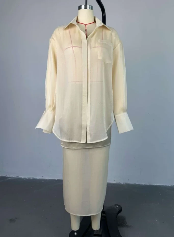 Elegant 2-Piece Sets for Women Mesh Collar Long Sleeved Shirt+High Waisted Patchwork Skirt Two-Piece Set