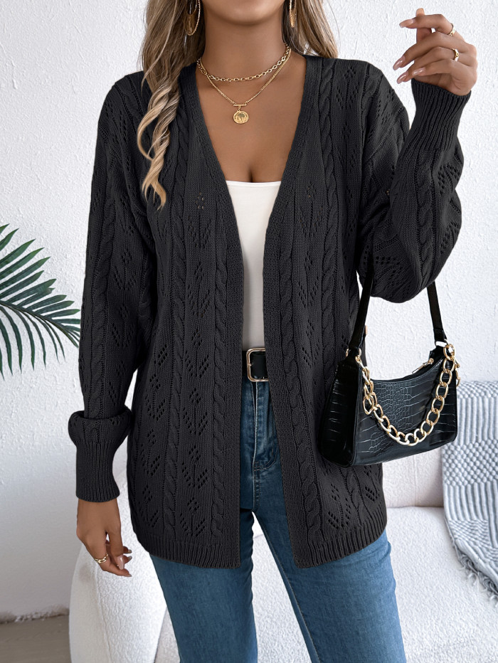 Autumn Winter Solid Color Hollow Long Sleeve Knitted Cardigans Women's Sweater Casual 2025 Black Khaki White