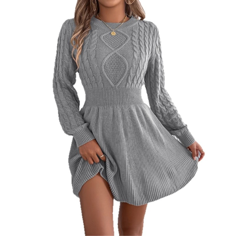 Cable Knit Female's Autumn Dress Round Neck Solid-Color Waist-Cinched Lantern Sleeve Lady's Dress Pullover Dress For Women