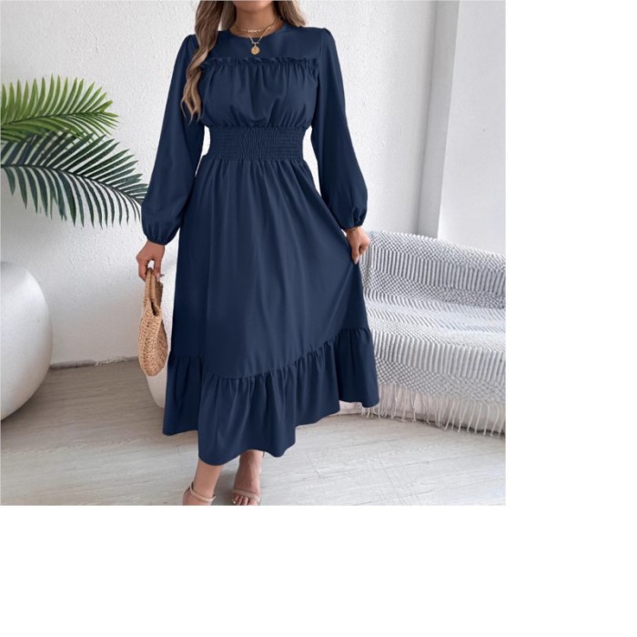Ladies' Dress, Solid Color, Elegant, Black Fungus Edge, Waist Cinched Pleated Long Skirt, Temperament, Commuting A-line Skirt