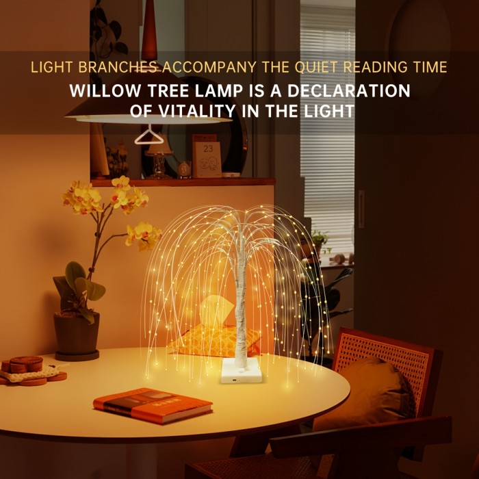 1pc Willow Tree LED Night Light, 192 LEDs, 8 Lighting Modes, USB\u002FBattery Dual Power, Romantic Table Lamp for Bedroom, Wedding, Party, Home Decor - Plastic Shade