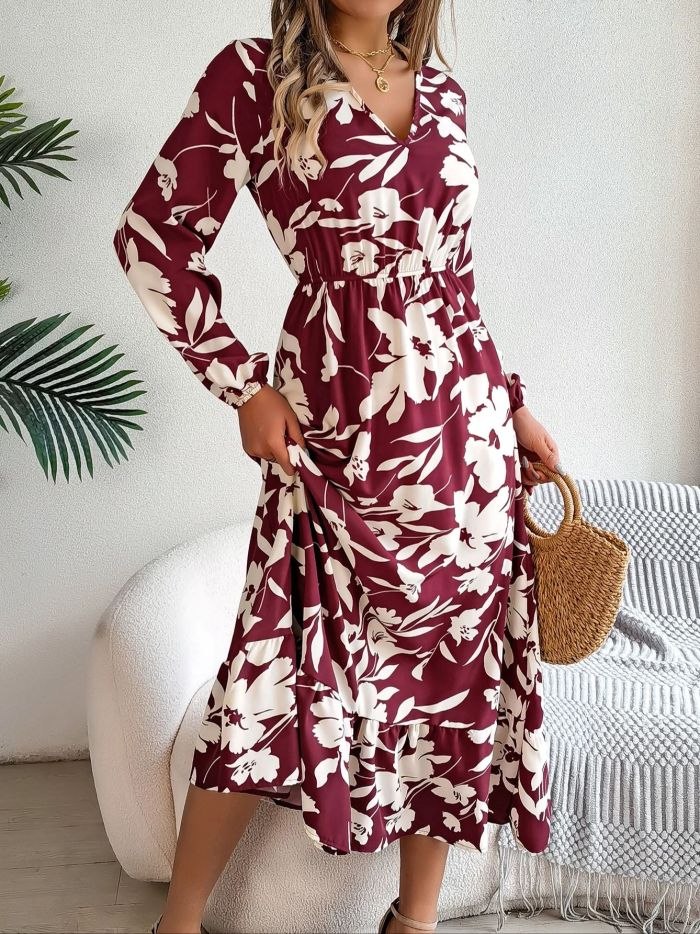 Spring Summer Elegant Floral Print Dress 2025 V Neck Long Sleeve Ruffled Edge Maxi Dresses for Women