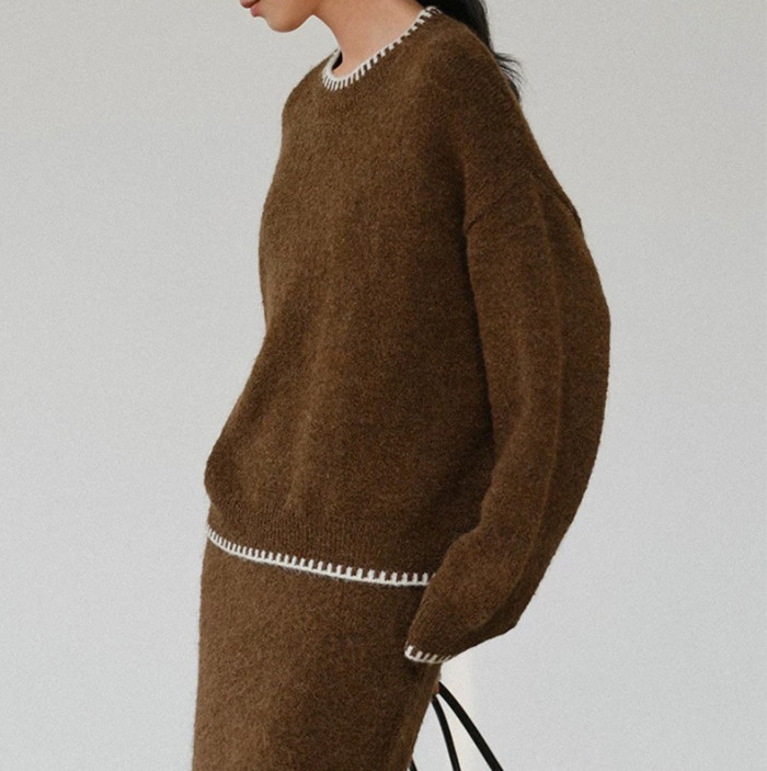 2025 Autumn and Winter New Solid Color Lazy Wind Round Neck Contrasting Edge Knitted Skirt Suit Two Piece Sets Womens Outifits