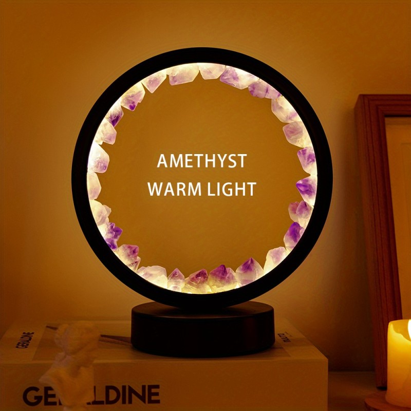 Amethyst Bedside Lamp Natural Quartz Amethyst Cluster LED Rechargeable Bedside Lamp | Circular Circle Decorative Lights Night Lamp Bedroom Desk