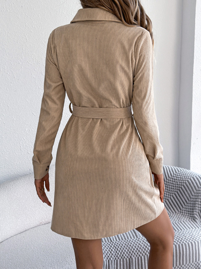 Autumn and Winter Casual Solid Color Corduroy Single Breasted Lace Up Dress Women Clothing