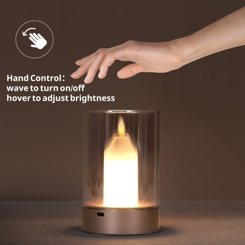 1pc Motion-Activated LED Magic Candle Light - Polished Metal, Adjustable Brightness, USB Rechargeable Glass Table Lamp for Cosplay, Party Decor, Home Ambiance
