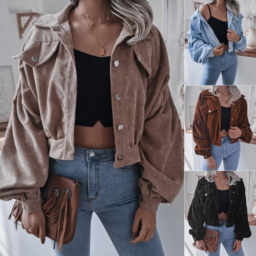 Autumn and Winter European and American Lantern Long-sleeved Corduroy Casual Short Jacket Popular Women's Clothing
