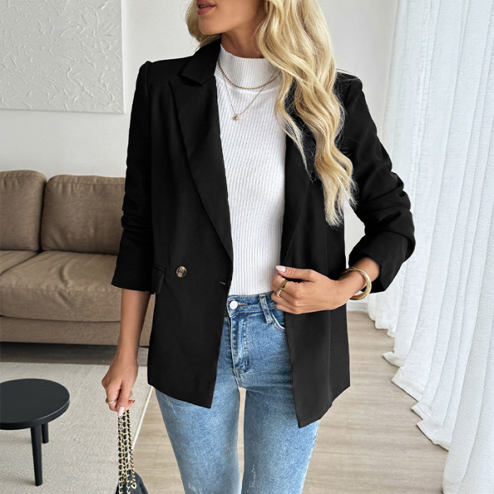 2025 New European and American Autumn Women Clothing Fashion Simple Casual Commuter Suit Collar Black Blazer Women