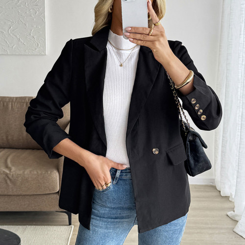 2025 New European and American Autumn Women Clothing Fashion Simple Casual Commuter Suit Collar Black Blazer Women