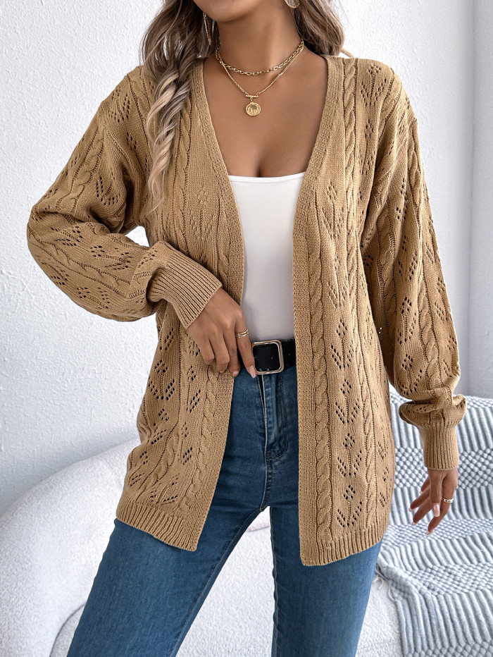 Autumn Winter Solid Color Hollow Long Sleeve Knitted Cardigans Women's Sweater Casual 2025 Black Khaki White