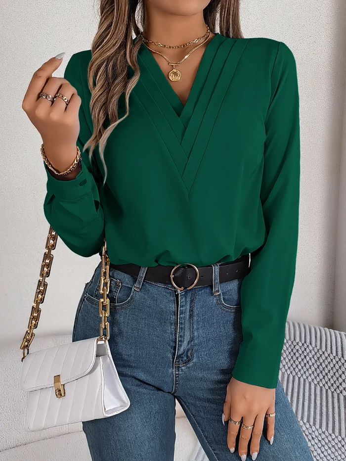 Autumn and Winter Elegant Solid Color Stacked V-neck Long-sleeved Shirt Womens Clothing