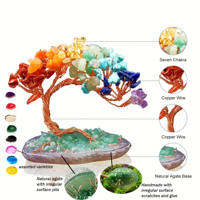 Natural Crystal Tree Natural Crystal Tree with Seven Colors - Handcrafted Agate Base and Green Stones - Decorative Craft Symbolizing Wealth And Prosperity