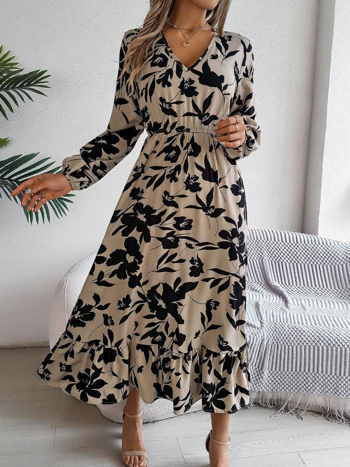 Spring Summer Elegant Floral Print Dress 2025 V Neck Long Sleeve Ruffled Edge Maxi Dresses for Women