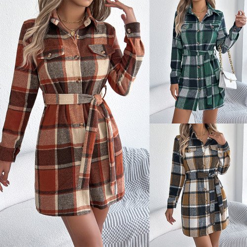 Women Casual Contrasting Plaid Fake Pocket Long Sleeved Lace Up Woolen Shirt Mini Dress With Belt Streetwear Short Dresses Y2K