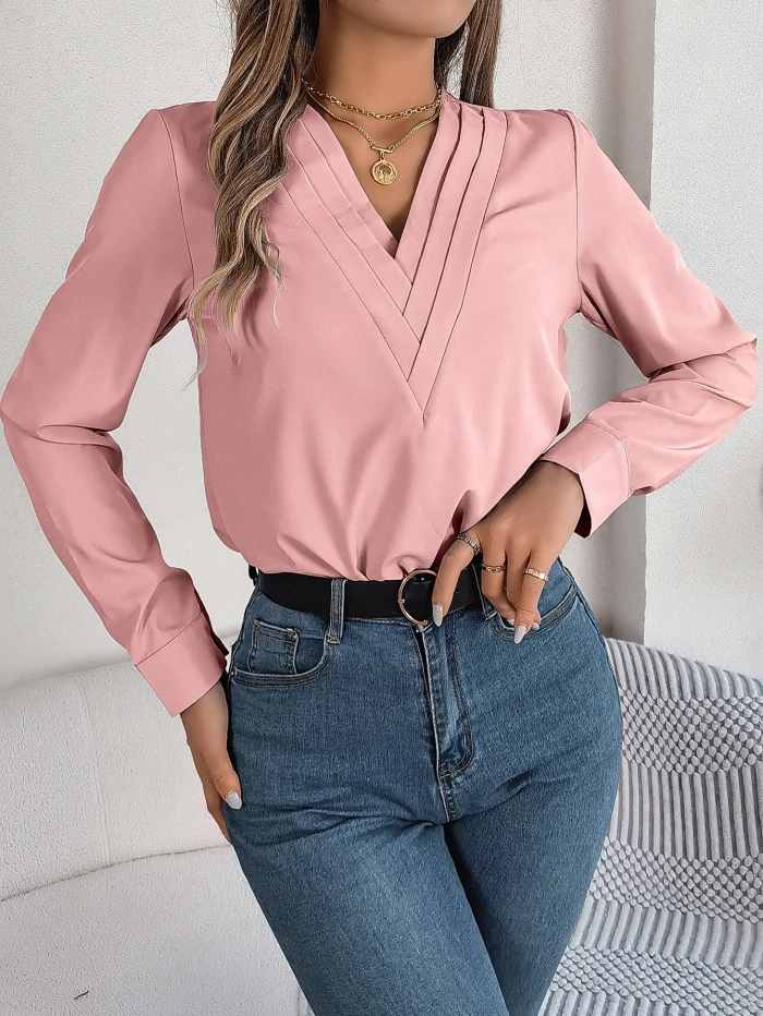Autumn and Winter Elegant Solid Color Stacked V-neck Long-sleeved Shirt Womens Clothing