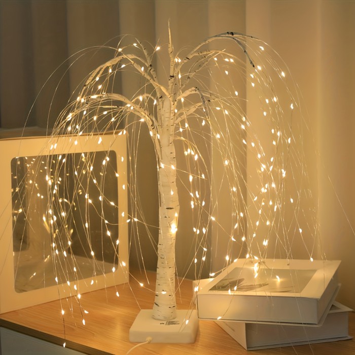 1pc Willow Tree LED Night Light, 192 LEDs, 8 Lighting Modes, USB\u002FBattery Dual Power, Romantic Table Lamp for Bedroom, Wedding, Party, Home Decor - Plastic Shade