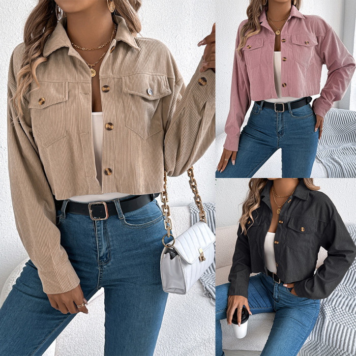 Autumn Women's Corduroy Coat Solid-Color Turn-Down Collar Single-Breasted Pocket Female's Jacket Casual Cropped Jacket For Lady