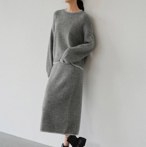 2025 Autumn and Winter New Solid Color Lazy Wind Round Neck Contrasting Edge Knitted Skirt Suit Two Piece Sets Womens Outifits