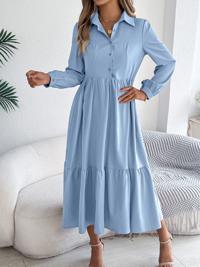 Casual Vacation Long Sleeved Turn-down Collar Single-Breasted Dress Spring Autumn Fashion Women's Clothing
