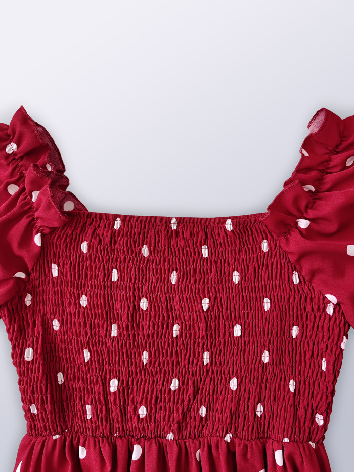 Spring and Summer Polka Dot Long Dress Vacation Fungus Edge Square Neck Long Sleeved Dresses for Women