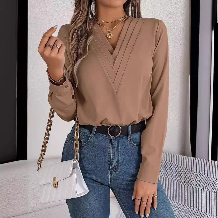 Autumn and Winter Elegant Solid Color Stacked V-neck Long-sleeved Shirt Womens Clothing