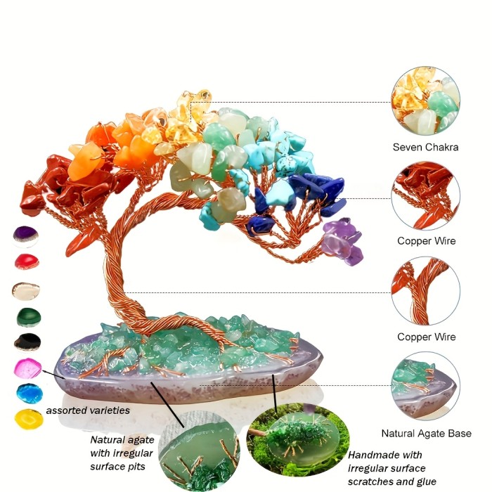 Natural Crystal Tree Natural Crystal Tree with Seven Colors - Handcrafted Agate Base and Green Stones - Decorative Craft Symbolizing Wealth And Prosperity