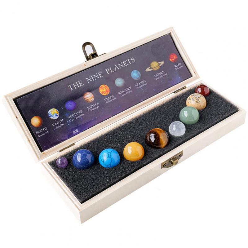 Natural Crystal 9 Planets Ball Solar Sun System Rock Quartz Stones with Wooden Box  Quartz Stones Beads Desktop Decoration