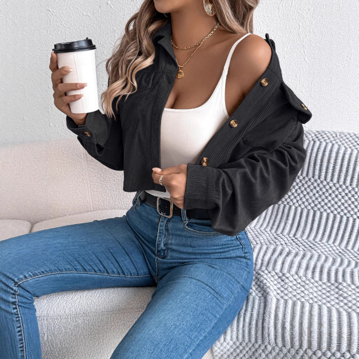 Autumn Women's Corduroy Coat Solid-Color Turn-Down Collar Single-Breasted Pocket Female's Jacket Casual Cropped Jacket For Lady