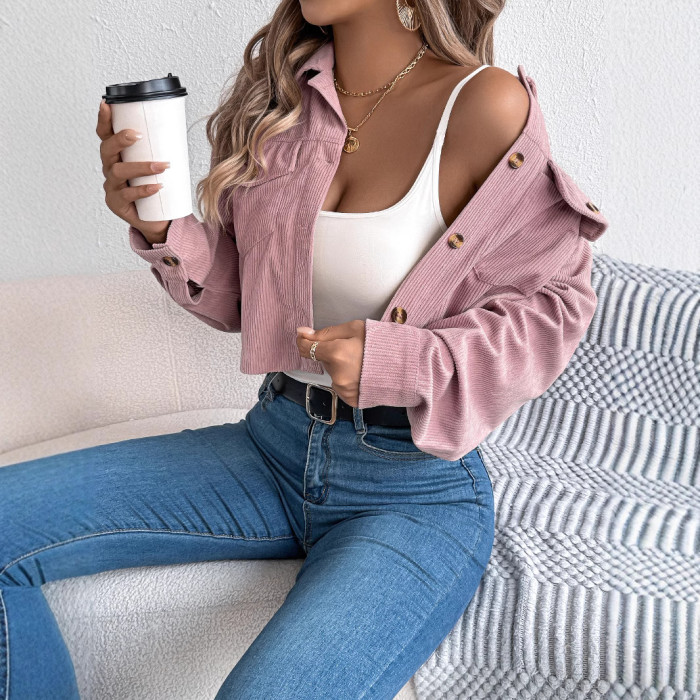 Autumn Women's Corduroy Coat Solid-Color Turn-Down Collar Single-Breasted Pocket Female's Jacket Casual Cropped Jacket For Lady