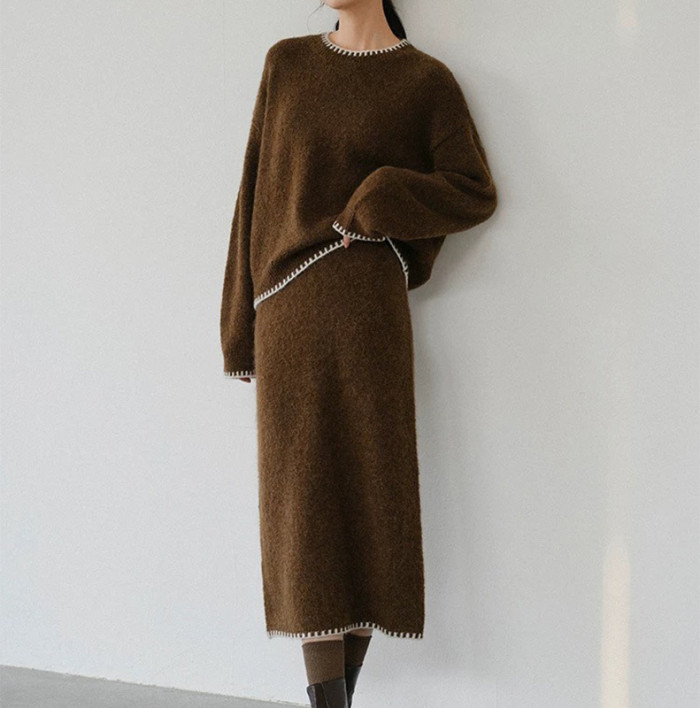 2025 Autumn and Winter New Solid Color Lazy Wind Round Neck Contrasting Edge Knitted Skirt Suit Two Piece Sets Womens Outifits