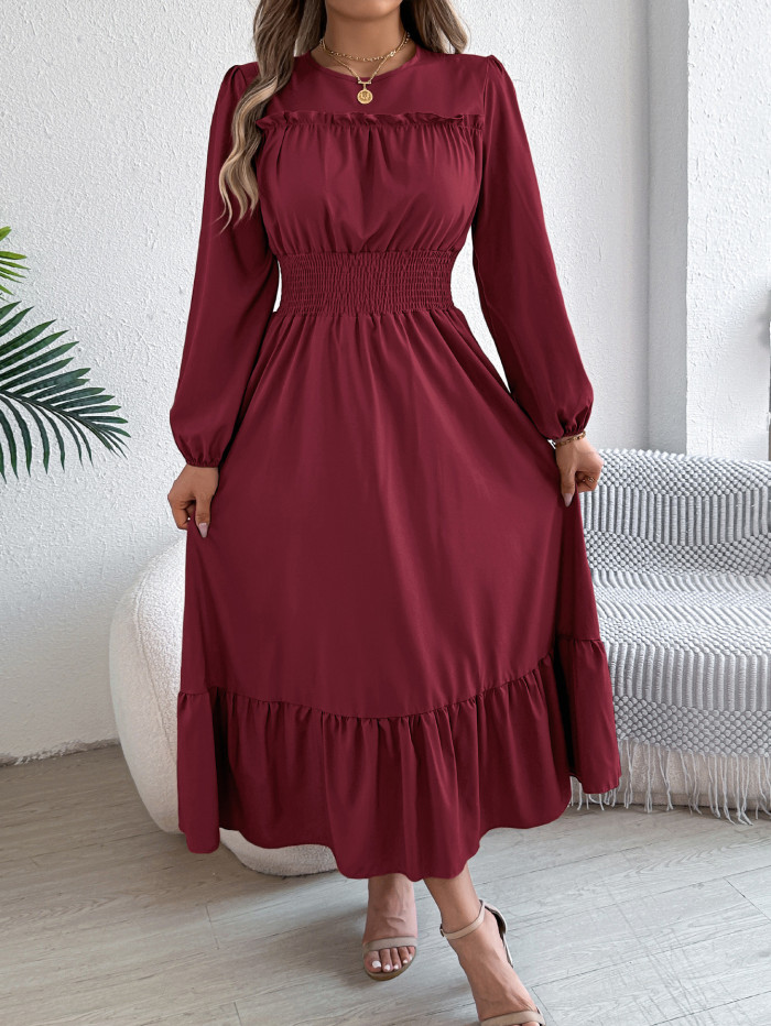 Ladies' Dress, Solid Color, Elegant, Black Fungus Edge, Waist Cinched Pleated Long Skirt, Temperament, Commuting A-line Skirt