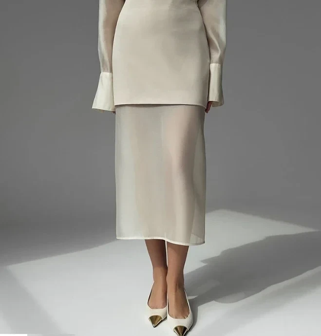 Elegant 2-Piece Sets for Women Mesh Collar Long Sleeved Shirt+High Waisted Patchwork Skirt Two-Piece Set