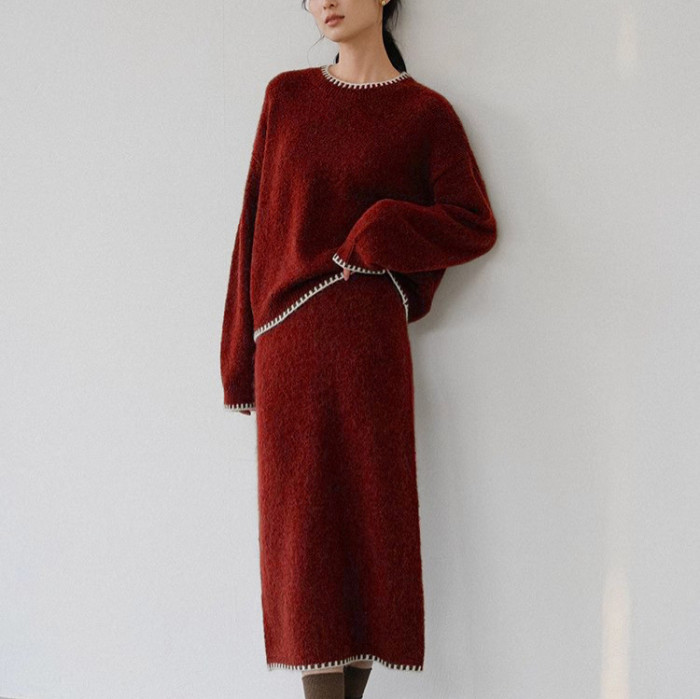 2025 Autumn and Winter New Solid Color Lazy Wind Round Neck Contrasting Edge Knitted Skirt Suit Two Piece Sets Womens Outifits